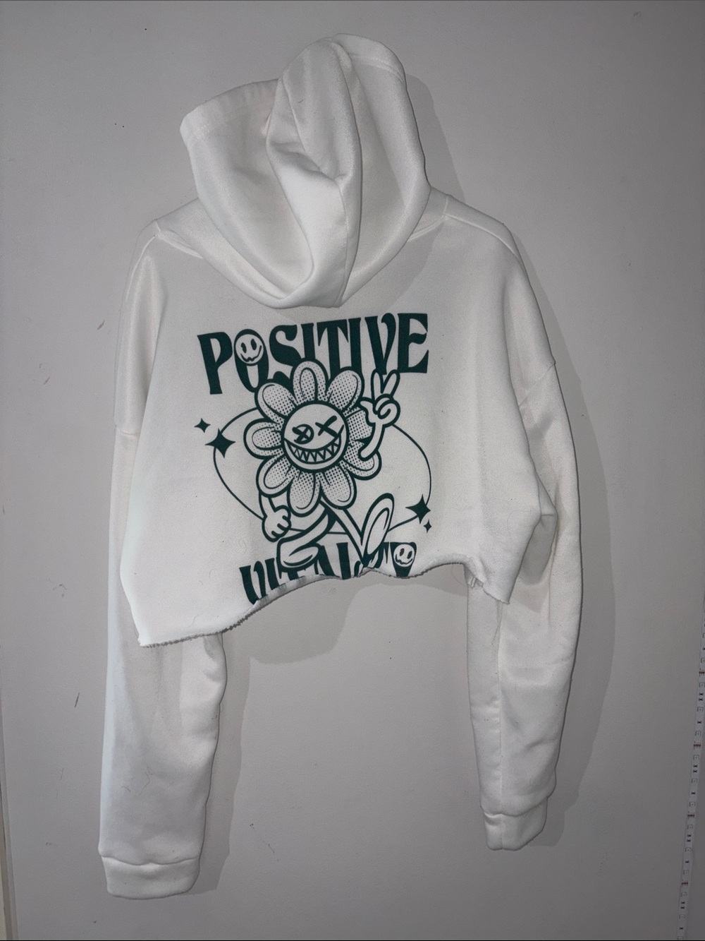 SHEIN White Cropped Hoodie with Green 'Positive' Graphic